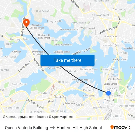 Queen Victoria Building to Hunters Hill High School map