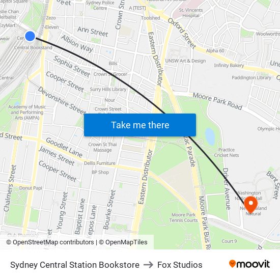 Sydney Central Station Bookstore to Fox Studios map