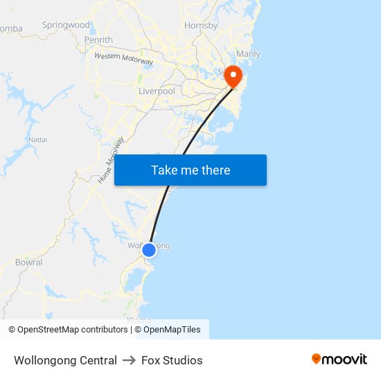Wollongong Central to Fox Studios map