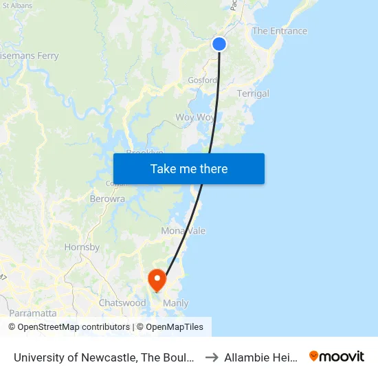 University of Newcastle, The Boulevarde to Allambie Heights map