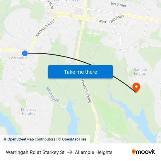 Warringah Rd at Starkey St to Allambie Heights map