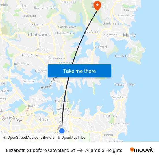 Elizabeth St before Cleveland St to Allambie Heights map