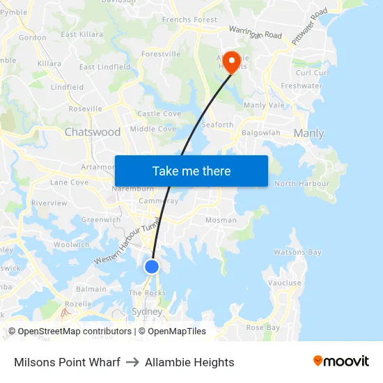 Milsons Point Wharf to Allambie Heights map