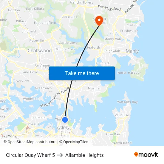 Circular Quay Wharf 5 to Allambie Heights map