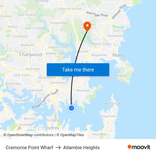 Cremorne Point Wharf to Allambie Heights map