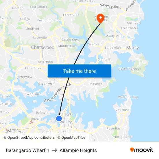 Barangaroo Wharf 1 to Allambie Heights map