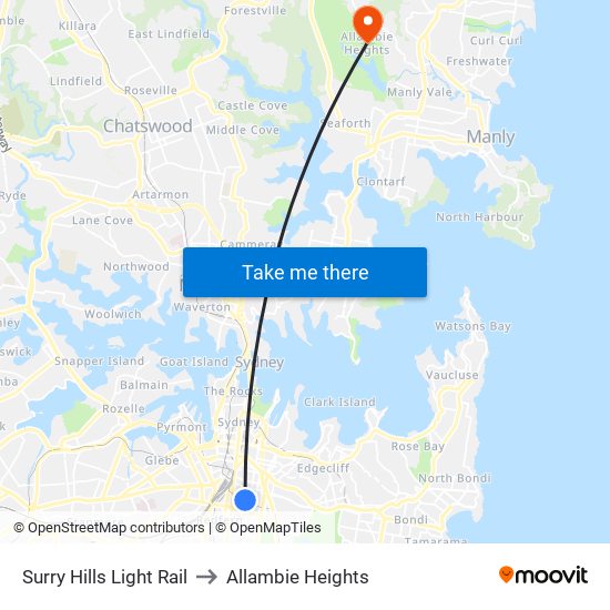 Surry Hills Light Rail to Allambie Heights map