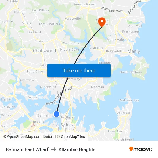 Balmain East Wharf to Allambie Heights map