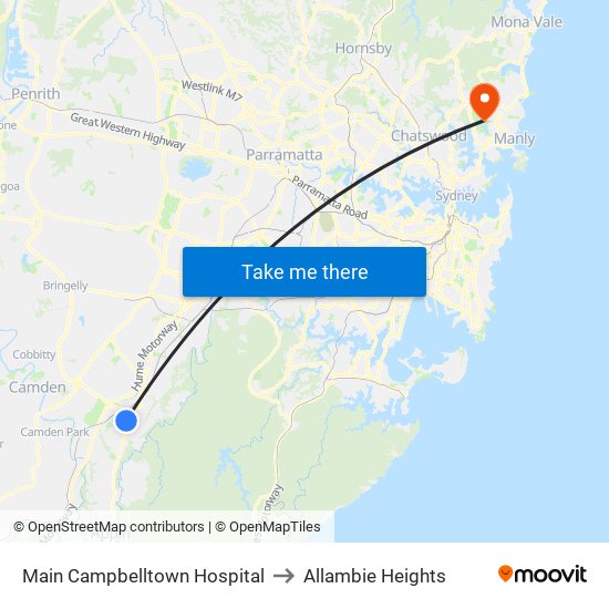 Main Campbelltown Hospital to Allambie Heights map