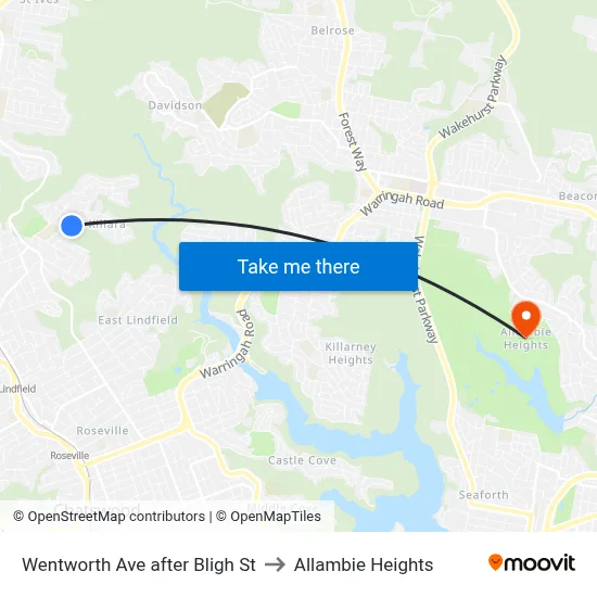 Wentworth Ave after Bligh St to Allambie Heights map