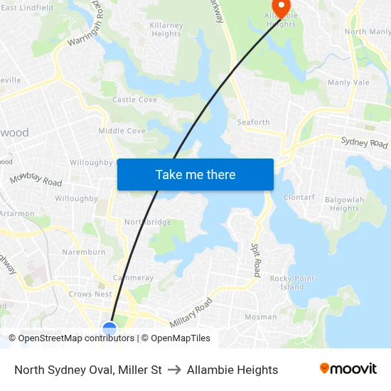 North Sydney Oval, Miller St to Allambie Heights map