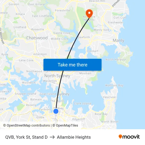 QVB, York St, Stand D to Allambie Heights map