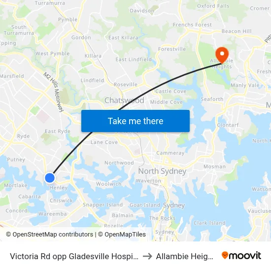 Victoria Rd opp Gladesville Hospital to Allambie Heights map