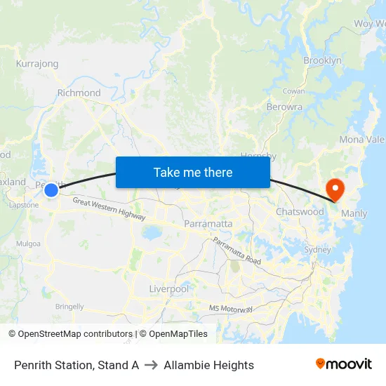 Penrith Station, Stand A to Allambie Heights map