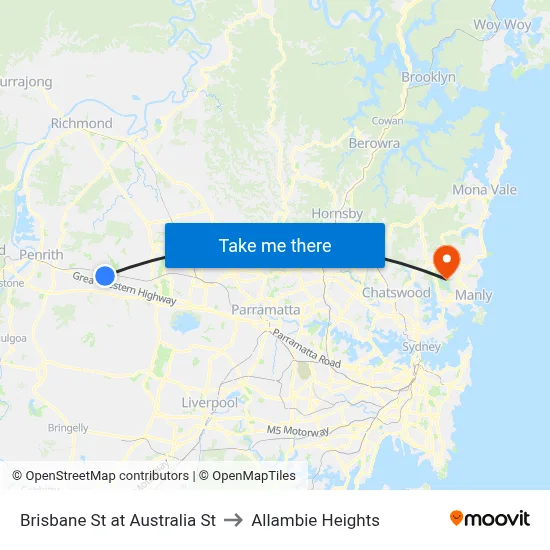 Brisbane St at Australia St to Allambie Heights map