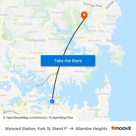 Wynyard Station, York St, Stand P to Allambie Heights map