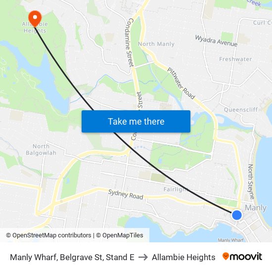 Manly Wharf, Belgrave St, Stand E to Allambie Heights map