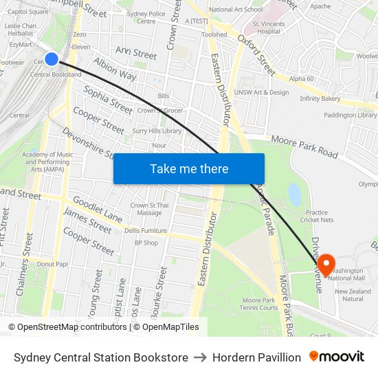 Sydney Central Station Bookstore to Hordern Pavillion map