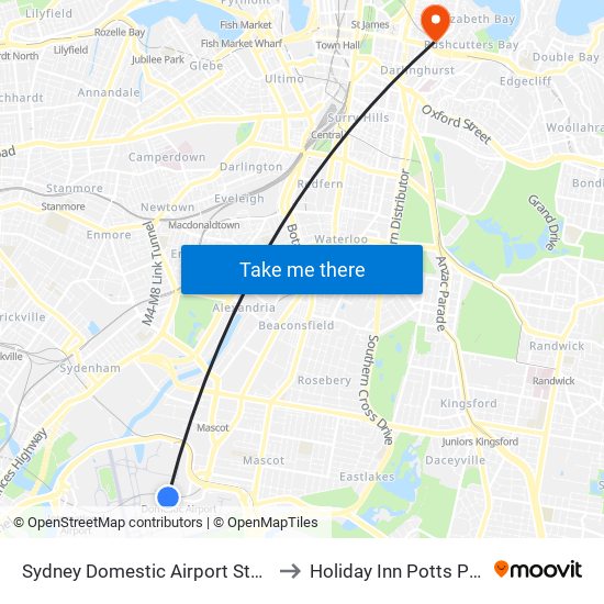 Sydney Domestic Airport Station to Holiday Inn Potts Point map