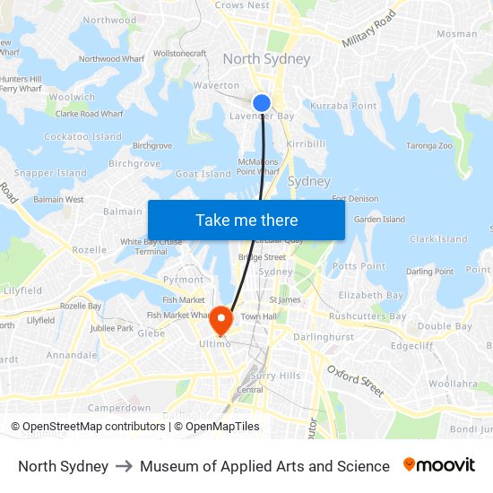 North Sydney to Museum of Applied Arts and Science map