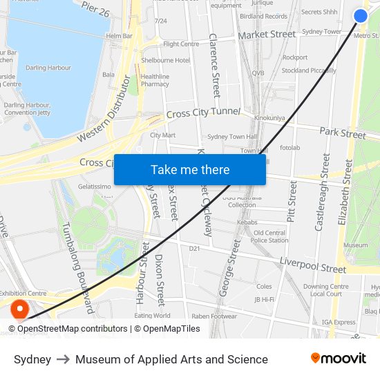 Sydney to Museum of Applied Arts and Science map