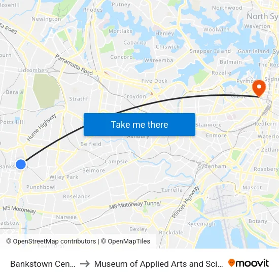 Bankstown Central to Museum of Applied Arts and Science map