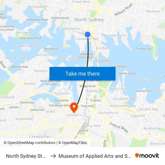 North Sydney Station to Museum of Applied Arts and Science map