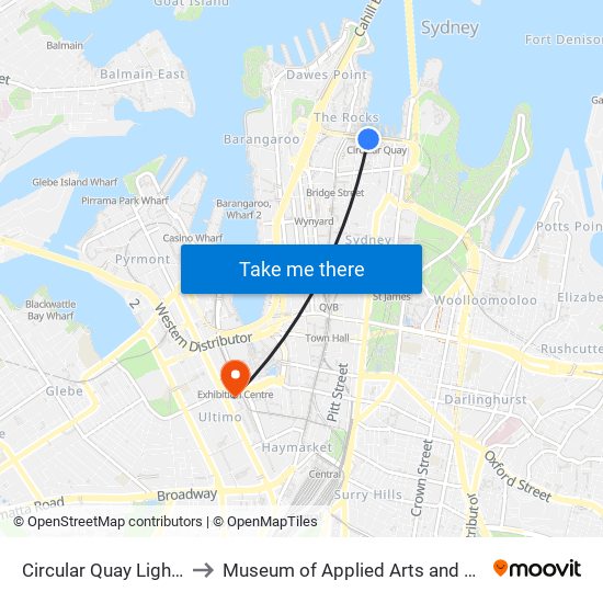 Circular Quay Light Rail to Museum of Applied Arts and Science map