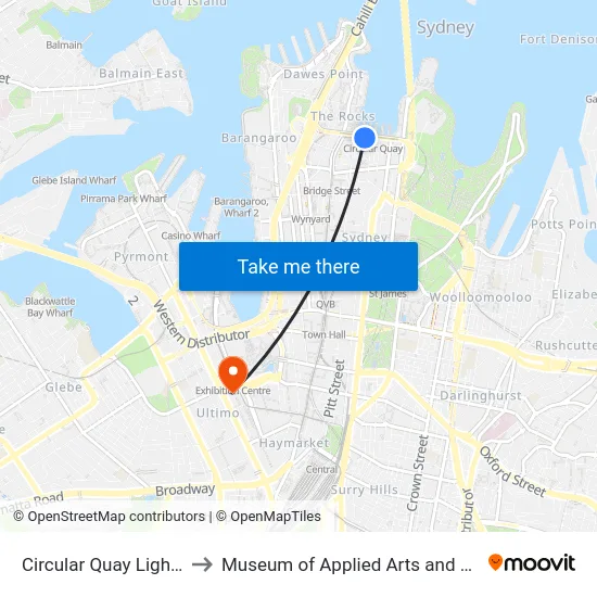 Circular Quay Light Rail to Museum of Applied Arts and Science map