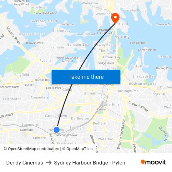 Dendy Cinemas to Sydney Harbour Bridge - Pylon map