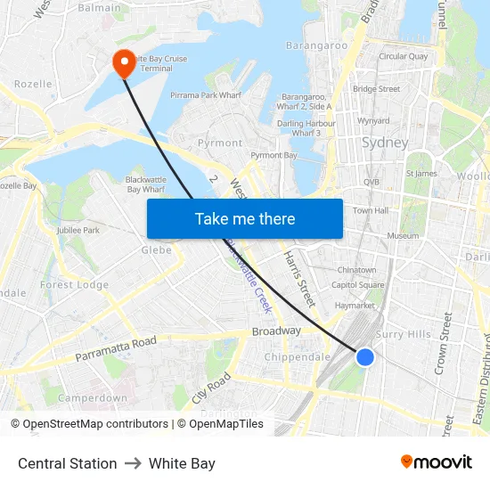Central Station to White Bay map