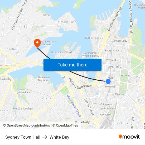 Sydney Town Hall to White Bay map