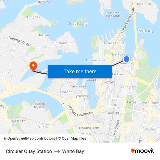 Circular Quay Station to White Bay map