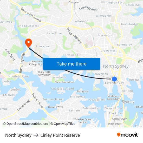 North Sydney to Linley Point Reserve map