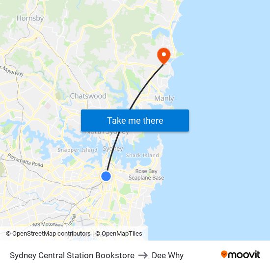 Sydney Central Station Bookstore to Dee Why map