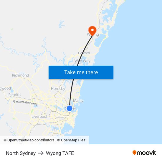 North Sydney to Wyong TAFE map