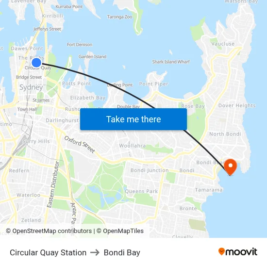 Circular Quay Station to Bondi Bay map