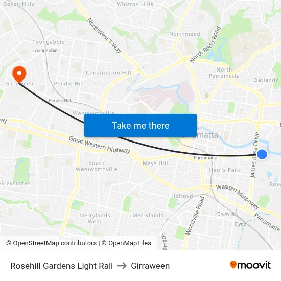Rosehill Gardens Light Rail to Girraween map