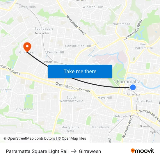 Parramatta Square Light Rail to Girraween map
