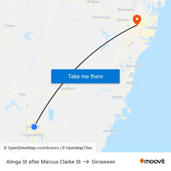 Alinga St after Marcus Clarke St to Girraween map