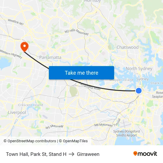 Town Hall, Park St, Stand H to Girraween map