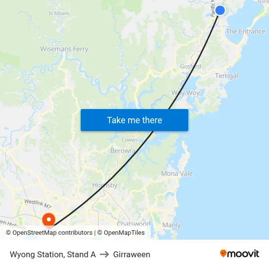 Wyong Station, Stand A to Girraween map