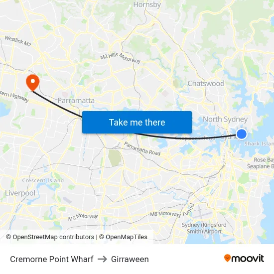 Cremorne Point Wharf to Girraween map