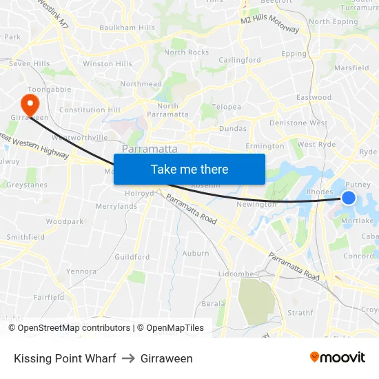 Kissing Point Wharf to Girraween map