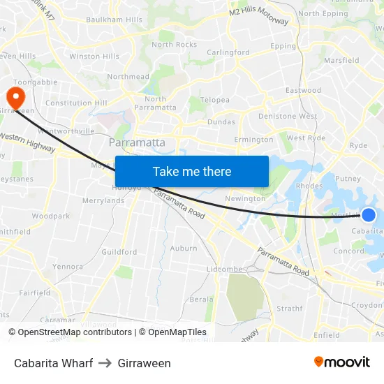 Cabarita Wharf to Girraween map