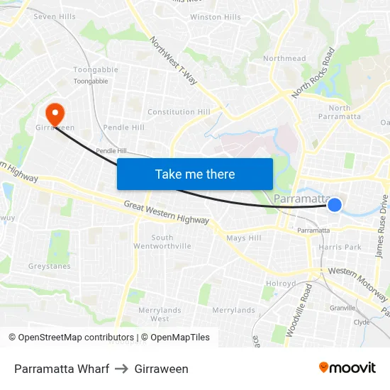 Parramatta Wharf to Girraween map
