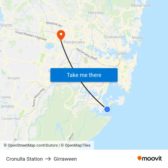 Cronulla Station to Girraween map