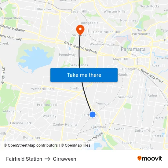 Fairfield Station to Girraween map