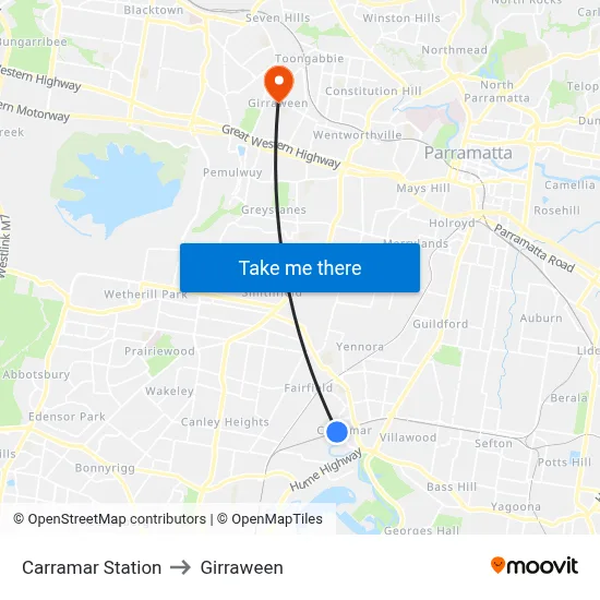 Carramar Station to Girraween map