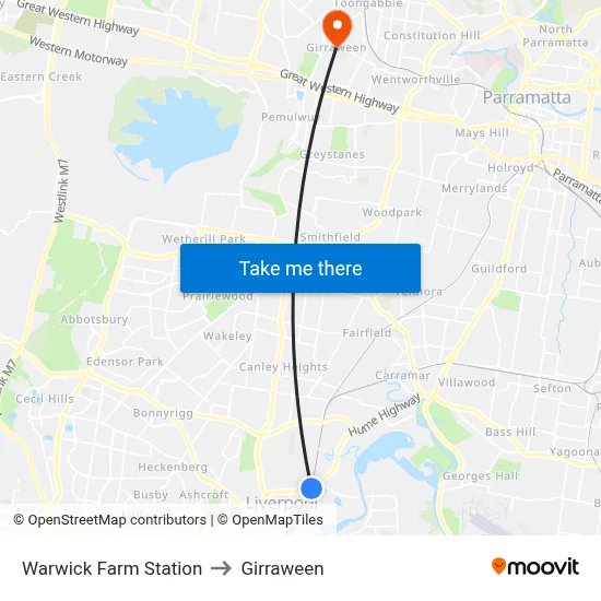 Warwick Farm Station to Girraween map